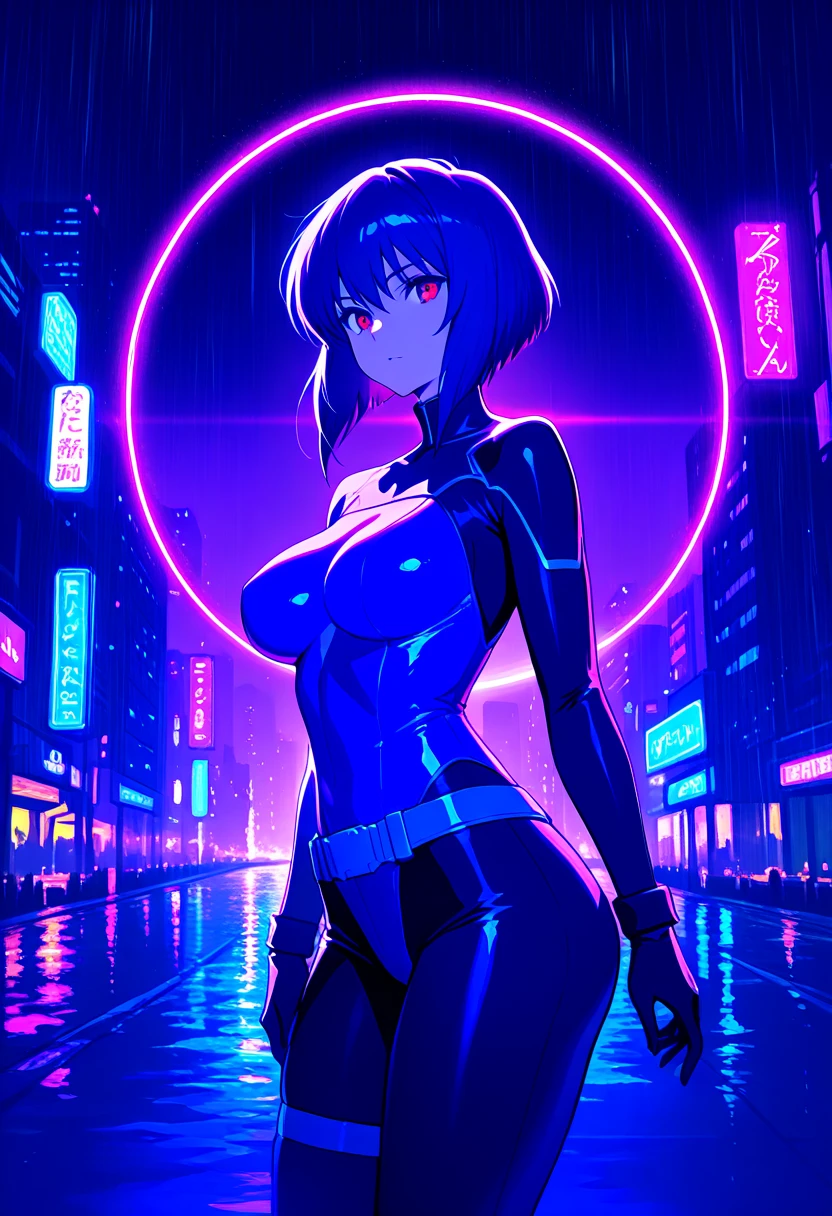 lucy from cyberpunk, full nude body, beautiful detailed eyes, beautiful detailed lips, extremely detailed face and skin, long eyelashes, dark hair, neon cyberpunk city background, intricate cybernetic implants, glowing neon lights, futuristic cityscape, dark moody lighting, blue and purple color tones, cinematic composition