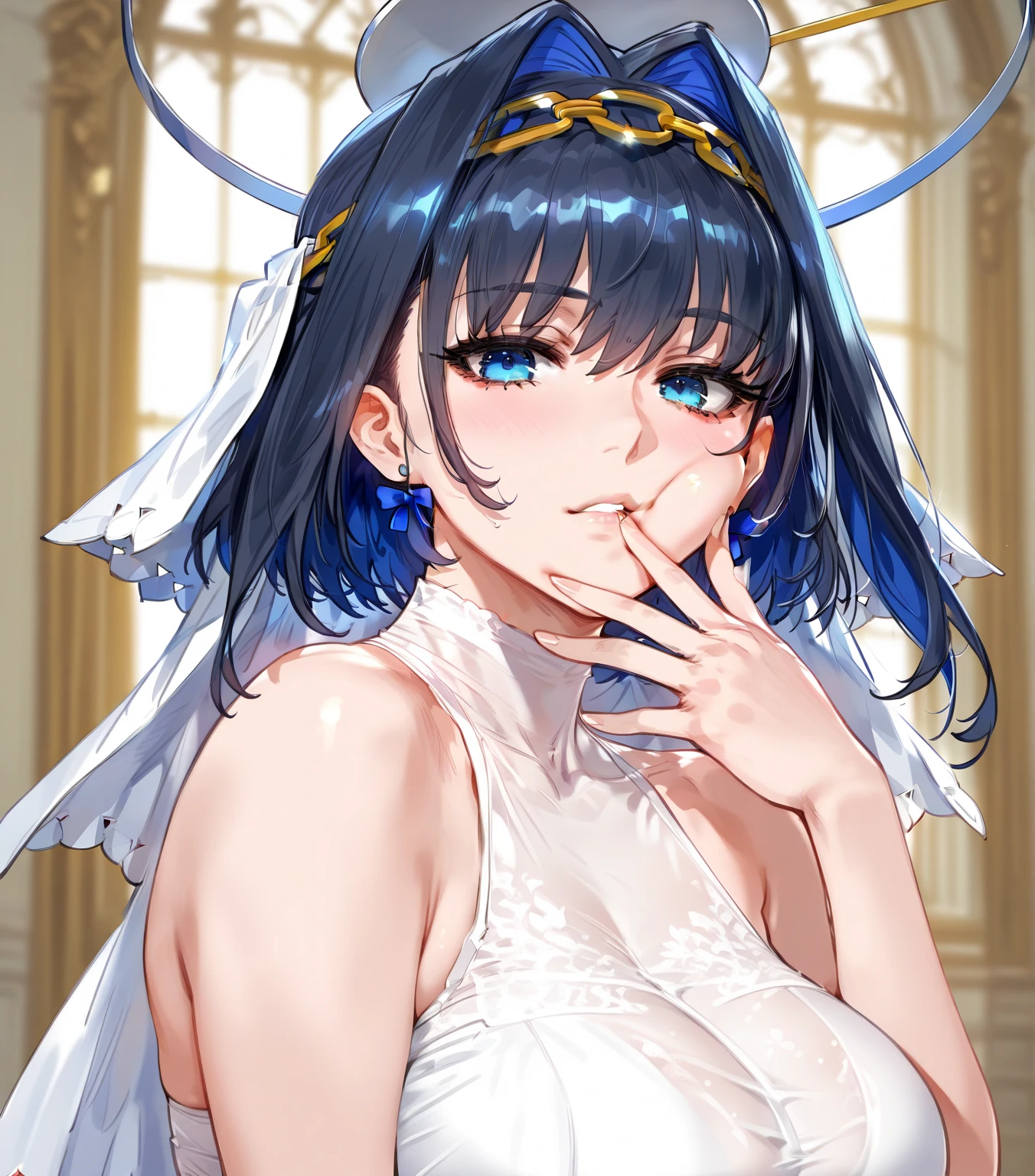 (best quality)+,(on the table)++,(Super detailed)++, Masterpiece Top Quality Super Fine Illustration High Detail Lighting Perfect Lighting, (1 bride:1.3),, First class female body, Perfect body, beautiful breasts, View from the front, from above, delicate luster, Beautiful and delicate eyes, cute face, beautiful lips,  a girl surrounded by crystals, purple eyes, beautiful purple hair, Beautiful iridescent eyes, Beautiful long and tousled hair, Sexy brides，Sexy wedding dress, Glow effect lens flare lotion gloss shine holy light background sunlight, White，White尖头高跟鞋, looking at the audience,