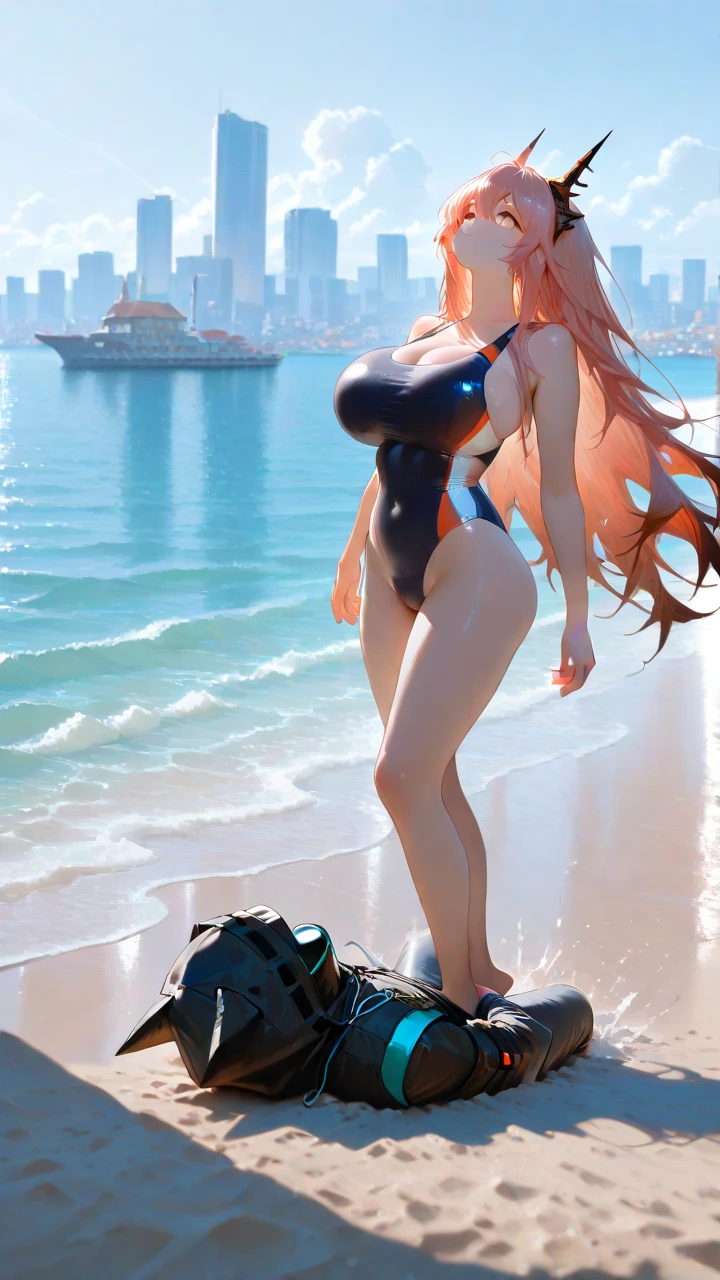 creates a 20-year-old anime girl on a jet ski with ample hips and big breasts wearing a yellow swimsuit with a landscape of waves and beach pink hair and green eyes