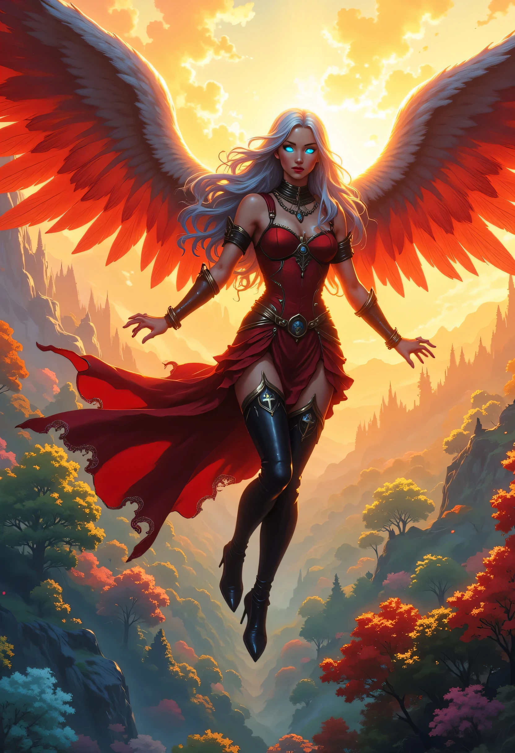 aasimar, female, angelic wings spread , flying over an enchanted forest , colorful trees, at dawn, sunlight, wearing red leather dress, small cleavage, high heeled boots, shiny silver hair, long hair, blue eyes, black hair, long hair, ponytail, bead necklace, anchor choker, symbol-shaped pupils, snake pupils, makeup, evil smile, seriou dnd art, god rays, Gothic art, cinematic lighting, glowing light, silhouette, ultra-wide shot, from outside, Wide-Angle, Ultra-Wide Angle, 16k, highres, best quality, high details Celestial Fantasy, zavy-ctcmcs, hyp3rd3tail style, Celestial Fantasy, zavy-dtlnm, detailed retro anime