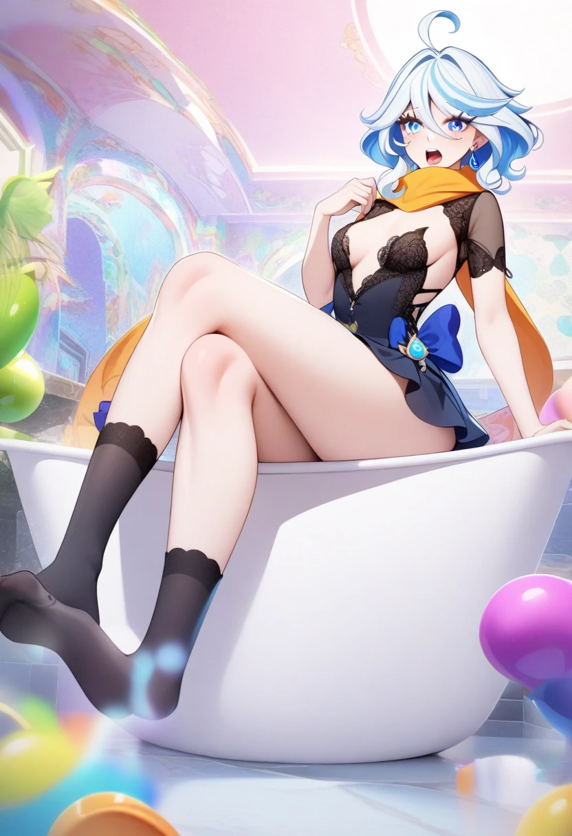 (( Sitting on bubble gum)A girl with Wavy light blue hair. Small blue heart shaped tattoo on upper-cheek wearing a black leather whole body swim suite. Black ankle-high black boots and purple fishnet stockings
