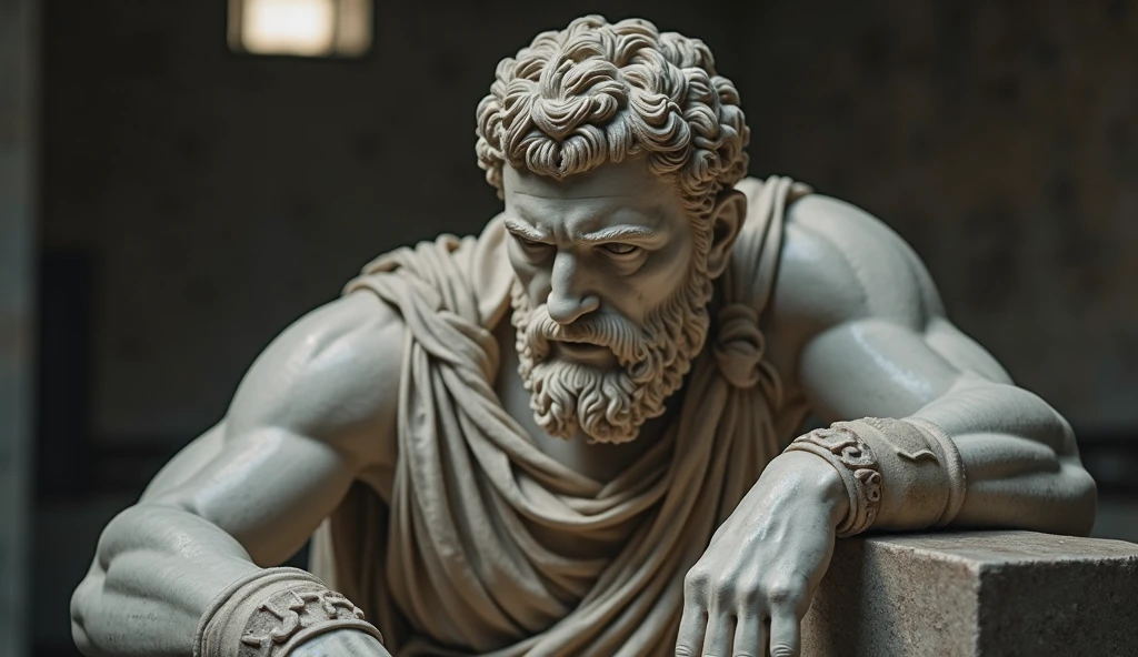 Ancient greek statue with angry expression, ambiente escuro, ao ceu aberto, 35 mm, full body, lateralmente, extremamente detalhado, Colors with low saturation with dark tone, Filmado em Sony A7S III com Sony FE 35mm f/1.8, 12.1 MP, --AR 3:2 --estilo cru