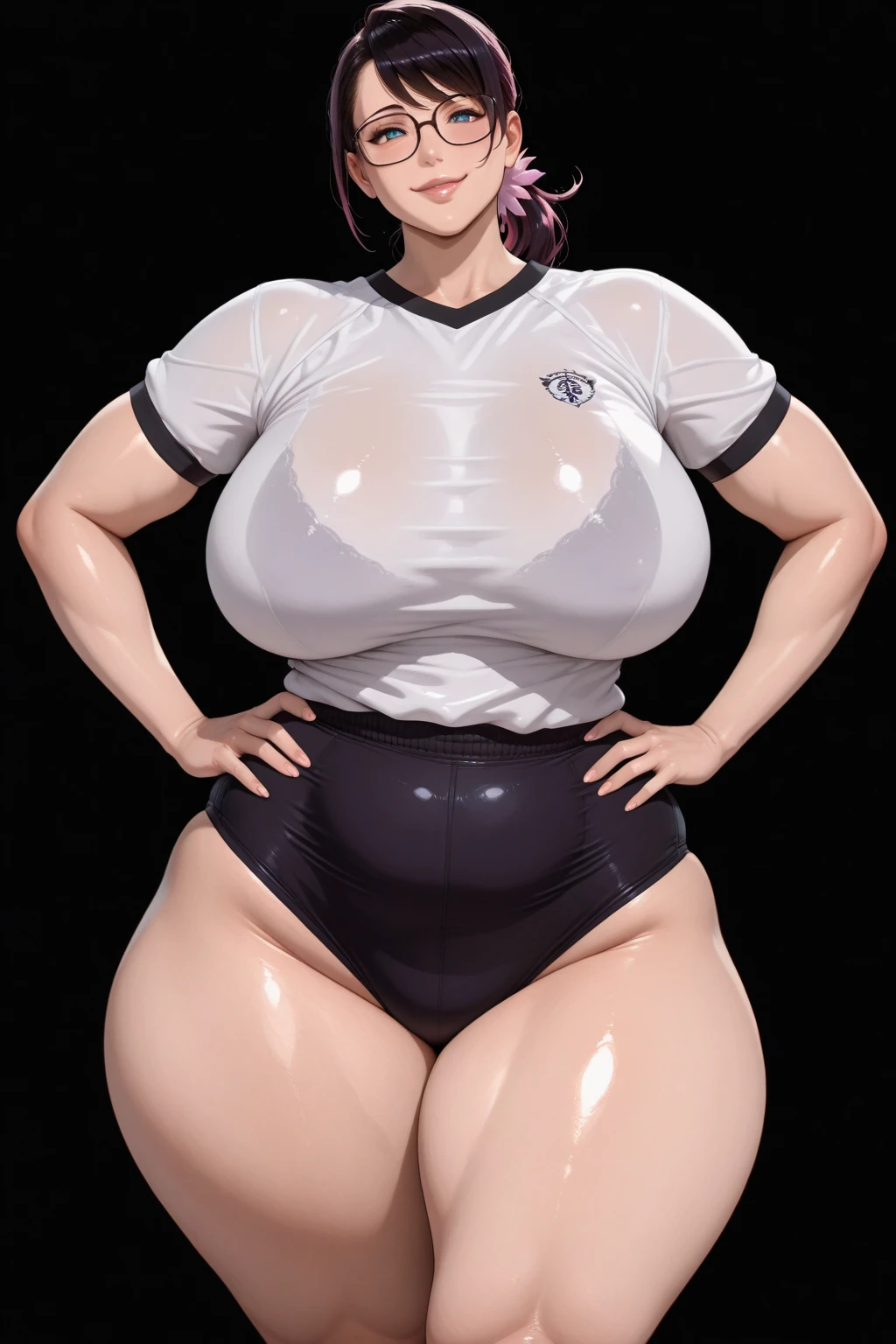 a girl, belly shot, sweaty, wet, gym, chubby, plump body, body only, perfect body, white legging, 175 cm, chubby breast, big breast, seductive face