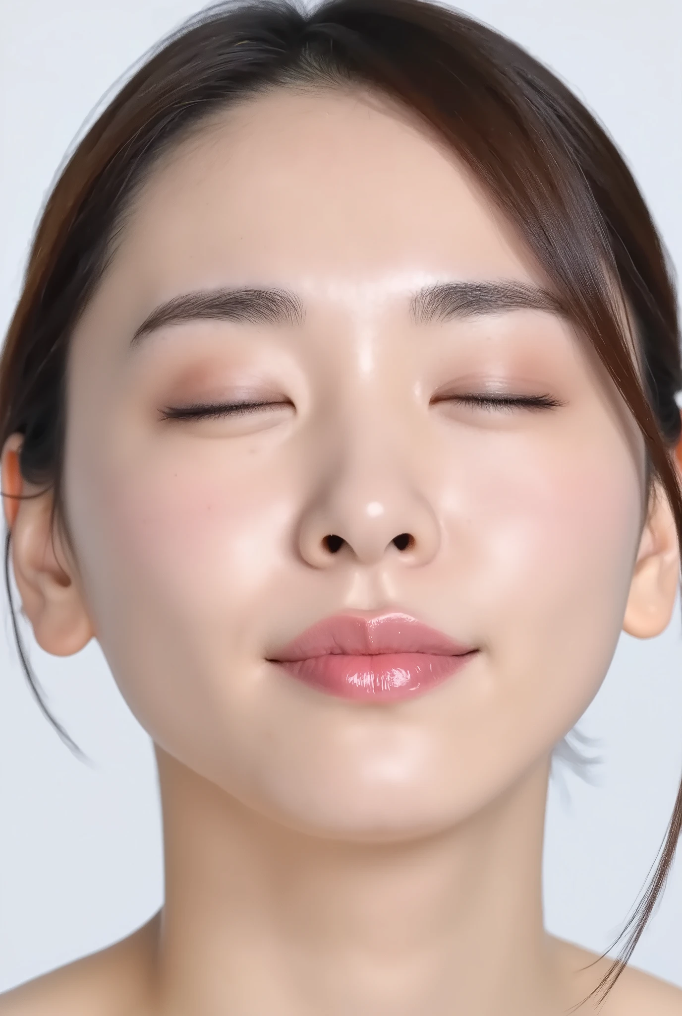 Bust-up shot of a beautiful young Japanese woman in a black camisole, white studio background. She is facing the camera with her full head visible, eyes gently closed, lips tightly puckered in a kiss, shimmering with pink gloss. Her cheeks are raised in a euphoric, dopey smile, slightly tilted head. Her skin has a soft matte texture with visible peach fuzz. Overwhelmingly affectionate, lovestruck expression. Focus on her lips.