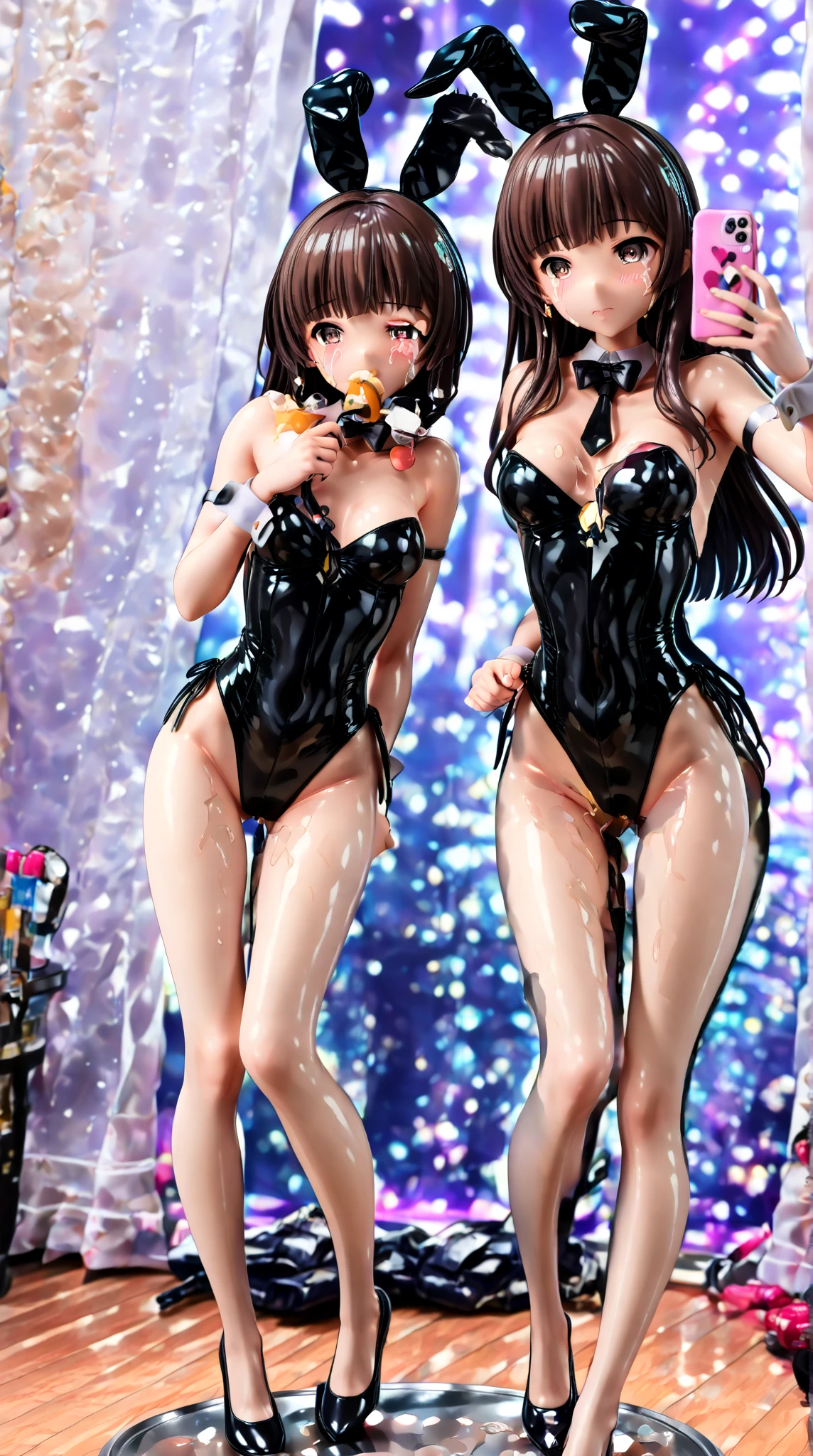 Sexy magician girls wearing (big diaper), busty, big breasts, wide hips, (latex), stockings, fishnets, corsets, (hypnotized expression), ((hypnotic)), ((magical)), (blushing), ((embarrassed expression)), stage, stage lights, helpless expression, cross-eyed, pleasure, ((orgasmic)), smiling
