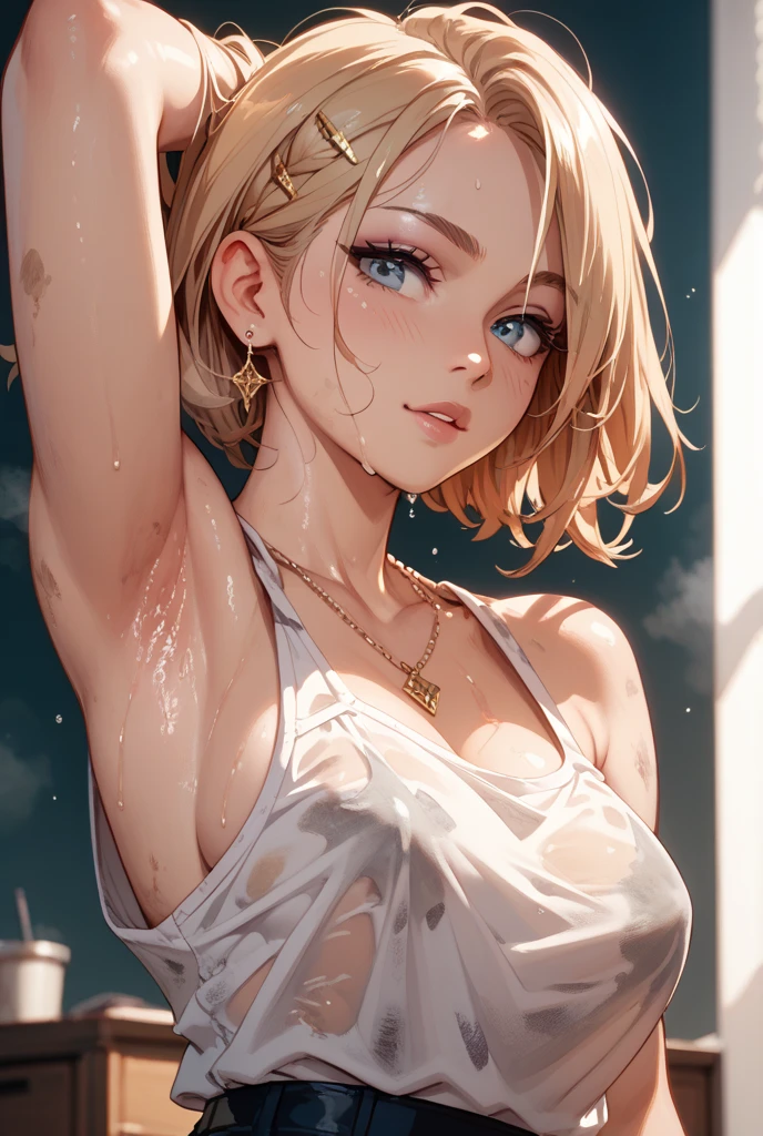 (A hot young girl in a slumber party in Argentina at night, smiling with a bedside lamp, her clothes are sweaty and wet, her armpits are visible in close up, her shoulder is greasy, the camera angle is from below looking to the side, her hair is flipped, the focus is on her armpit and shoulder, with backlight, she is stretching herself with her hand on her chest, the details of her pupils, fingers, and armpits are highly detailed, soft and elastic, the perspective is a point-of-view shot focusing on her upper body and middle breasts), dripping wet armpits, ((hairy)), unshaved armpits, open mouth, tongue out