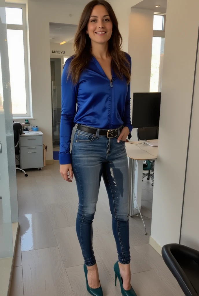 there is a woman standing in a room with a table and a computer, tiro do meio cintura para cima, roupa apertada, thicc, jeans preto extremamente apertado, cintura - tiro, hand on hips, com dois bolsos frontais, her hand is on her waist, tiny waist, wearing only pants, usando roupas simples e apertadas, coldre, Holding arms in holsters
