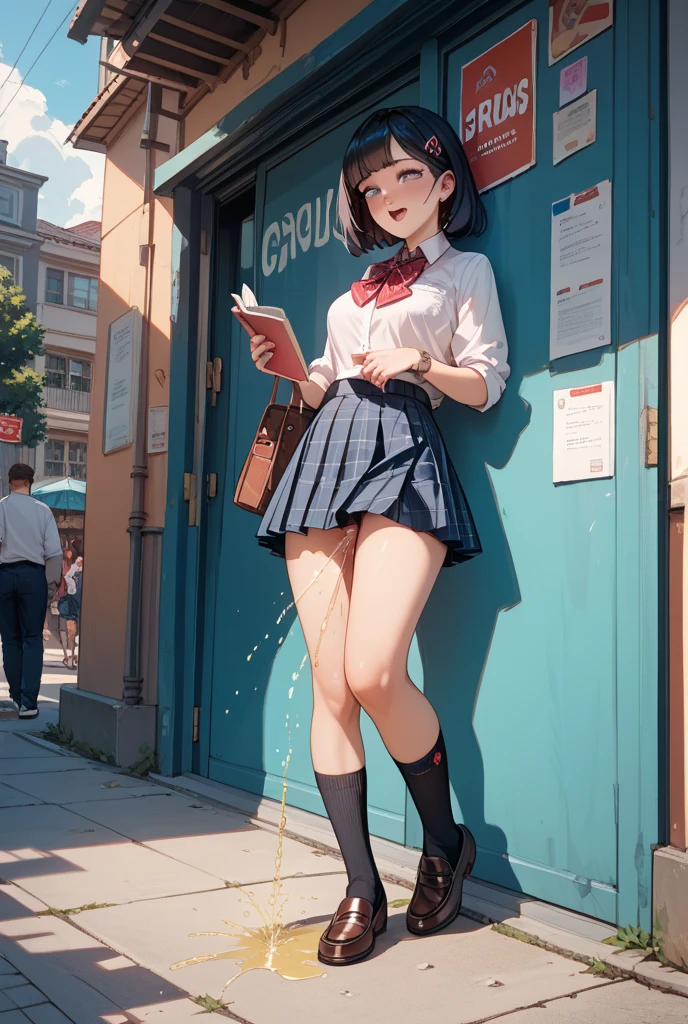 1girl, solo, full body, (masterpiece:1.21), (best quality:1.2), colorful, (illustration:1.2), (cinematic lighting:1.1), (spread legs:1.3), small girl, short skirt, opened blouse, hot, sweating, smiling, in a City park, backpack on her back, holding a book, glasses