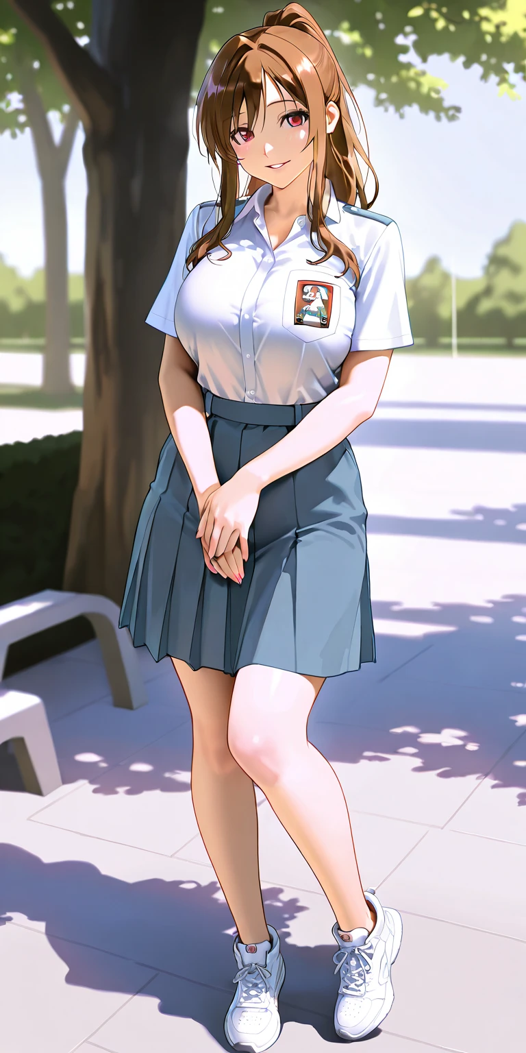 woman at the autumn park, wearing a flared short skirt and blouse, (chubby curvy body frame and weight), taken from the side, looking at viewer, best quality masterpiece, photorealistic, detailed, 8k, HDR, shallow depth of field, high contrast, chromatic aberration, sharp focus, RAW color photo, green grass, vignette,