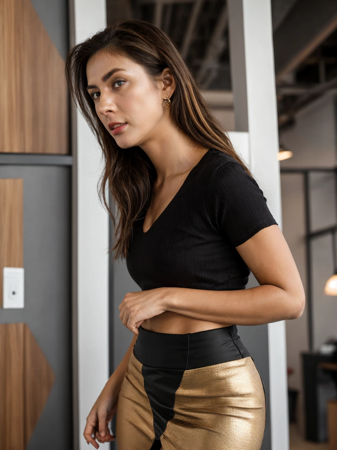 gorgeous young latina woman,in her living room, werring a legging and a sweatshirt , full body, beautiful face, masterpiece, best quality, ultra-detailed, solo, shadows, contrast, cinematic light, side lightning, ultra hight resolution, best shadow, RAW, 4k, 85 mm, Kodak vision color, cinematographer, photorealistic, realistic