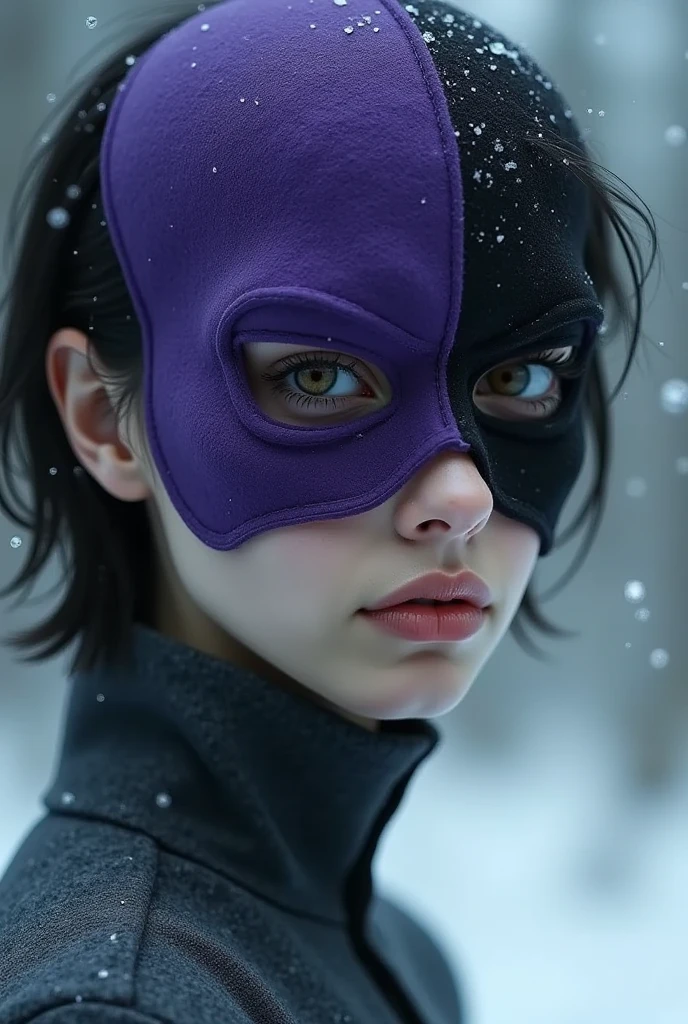 A pretty tomboy girl 18yo with short hair and brown left eye in a gray winter jumpsuit. The face on the right side is covered: The girl is wearing a tight-fitting anatomical vertical half mask made of purple felt with closed an eye slot (left eye is covered, this eye is artfully drawn on the mask fabric) over the entire right half of her face (the left side of the face is completely open), like the Phantom of the Opera. The right eye is closed (the right eye is blind) (the right eye is drawn on the fabric of the mask)(right-sided hollow mask), visible mouth, visible left side of face, closed right side of face, covered right side of face(halfface)