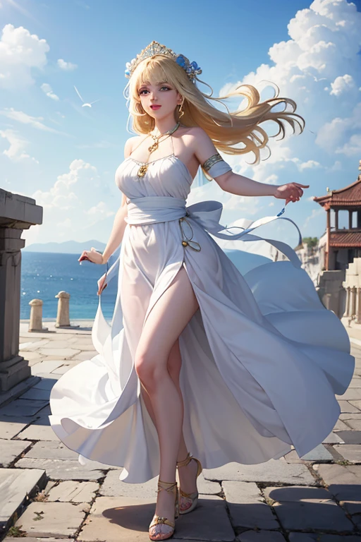 (Highest quality,Very detailed,High resolution,masterpiece,8k),Bright and vibrant colors,Official artwork,Greek white dress,Stylish makeup,Mid length, Shiny blonde hair blowing in the wind,Captivating, narrow eyes,Beautiful Blue Eyes,Glossy Lips,Beautiful woman with plump breasts,Beautiful neckline, Beautiful full body style,Holding,A beautiful and elegant smile,Old temple,flower,Detailed CG,