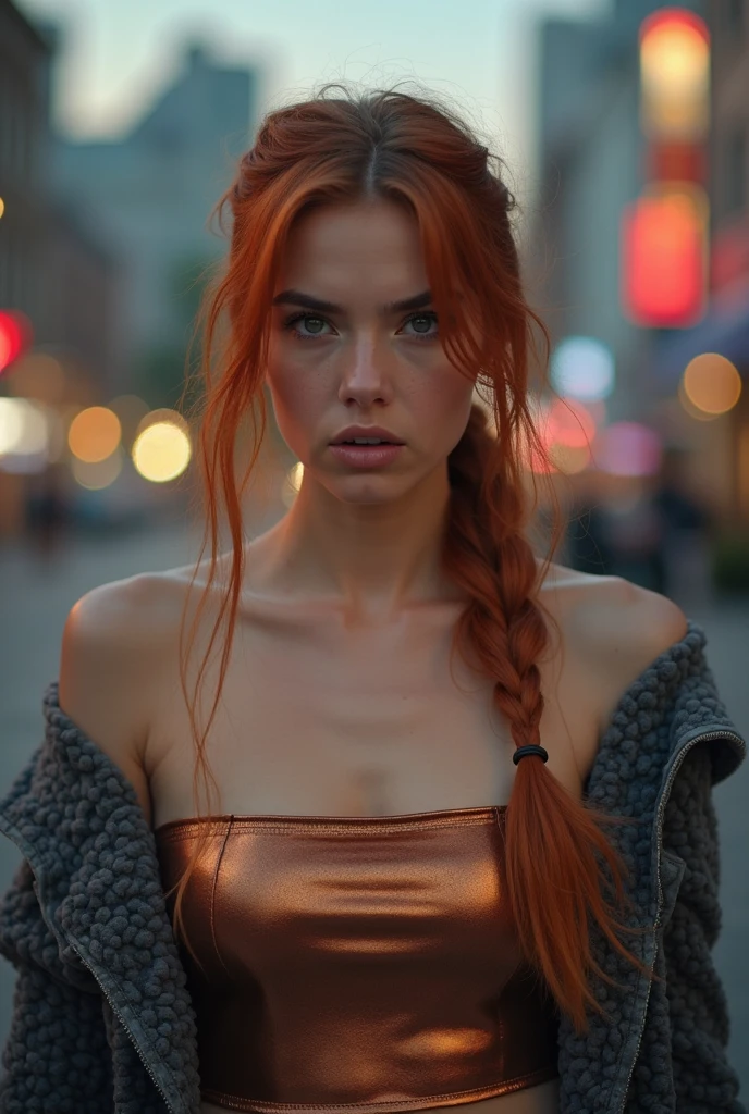 Wide angle, 1girl in focus, people in background, crowded background, A woman engaged in missionary sex, guilty faces, skin imperfections, acne, chapped lips, redhead, twin braid, blue shirts, tight shirt, alluring pose, open jacket, sexy neckline, large neckline, 16k, photorealistic, real photo, nikon d800, photorealistic, bright lighting perfect composition, hyperrealistic, super detailed, 8k, high quality, trending art, trending on artstation, sharp focus, studio photo, intricate details, highly detailed, art by greg rutkowski