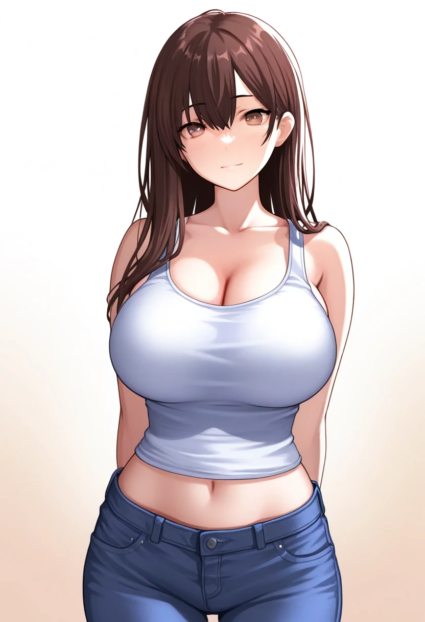 (((kipteitei art))), ((masterpiece)), (((best quality))), ((ultra-detailed)), (((illustration))), detailed face, detailed body, ultra cute face, (((1girl))), ((solo)), ((Line art)), (in the style of cell shaded), (vivid colors), skindentation, medium hair, brown hair, ponytail, blue eyes, (((fluffy hair))), looking at viewer, smile, happy, blush, ((white crop top)), jeans, tight jeans, small breasts, cleavage, perky breasts, wide hips, thick thighs, thigh gap, soft belly, dynamic angle, dynamic pose, hand on hip, hand of breast, outdoors, sunny day, collage campus, 20 year old girl,