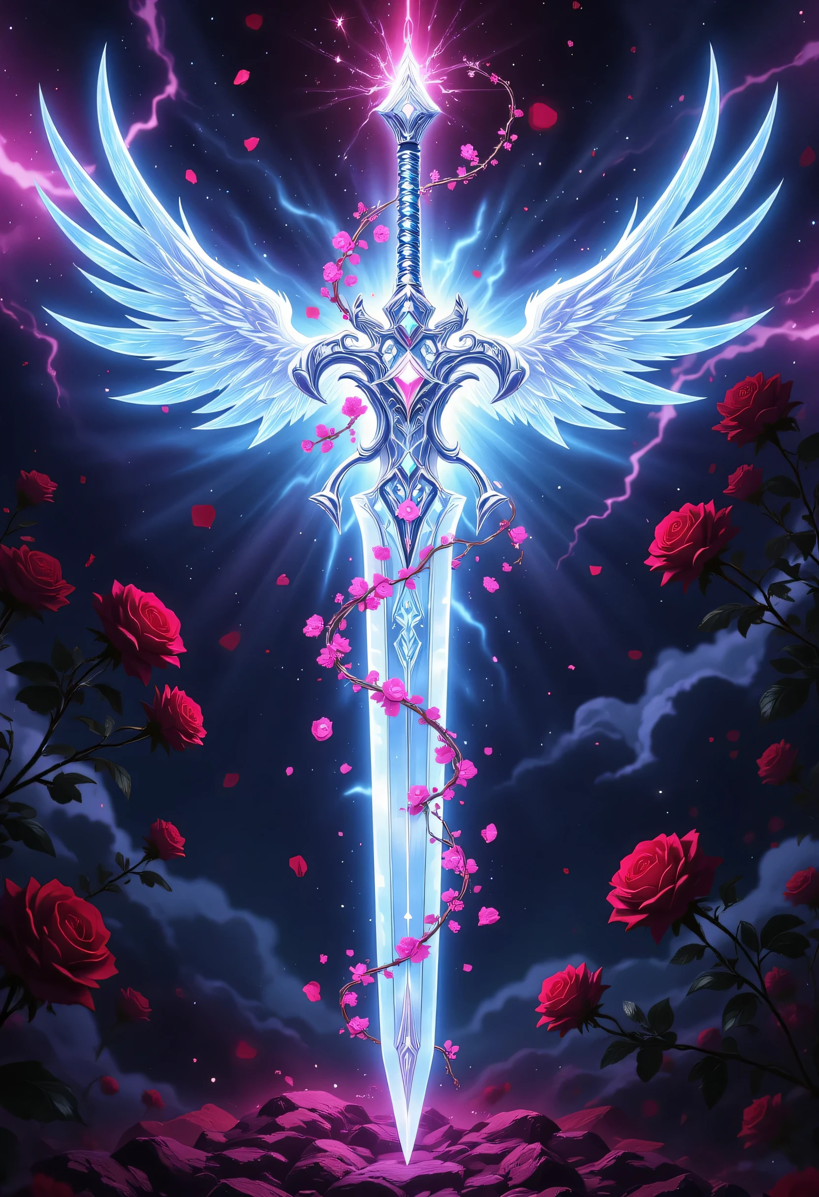 an epic sword with a angelic wings entwined on the blade, a magnificent silver shinning sword, radiant sword, with a diamonds in the hilt, there is a red rose vine entwined along the blade, high details, best quality, 16k, (ultra detailed: 1.5), masterpiece, best quality, (extremely detailed), RAW, dnd art, fantasy art, dynamic fantasy background, invert colors  Celestial Fantasy, zavy-ctcmcs,  hyp3rd3tail style, Celestial Fantasy, zavy-dtlnm, detailed retro anime