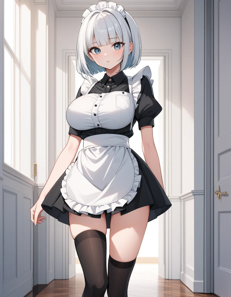 (1 solo skinny maid:1.5) standing alone in hallway, (solo:1.5), (curtsey:1.5), (both hands pinch own short skirt and lift skirt higher to either side:1.6), tiptoe, BREAK, black short hair, black eyes, smile for viewer, BREAK, (bursting large breasts), cleavage, (inconceivably narrow waist), slim hip, skinny long legs, thigh gap, perfect anatomy, BREAK, white head dress, short sleeve, frilled (too short skirt:1.7), frilled white apron, highheels, BREAK, (nsfw:0.4)