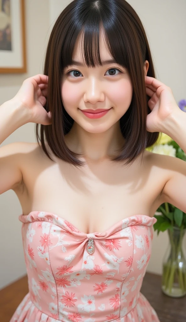 A smile、Japan woman in white strapless dress、Classroom