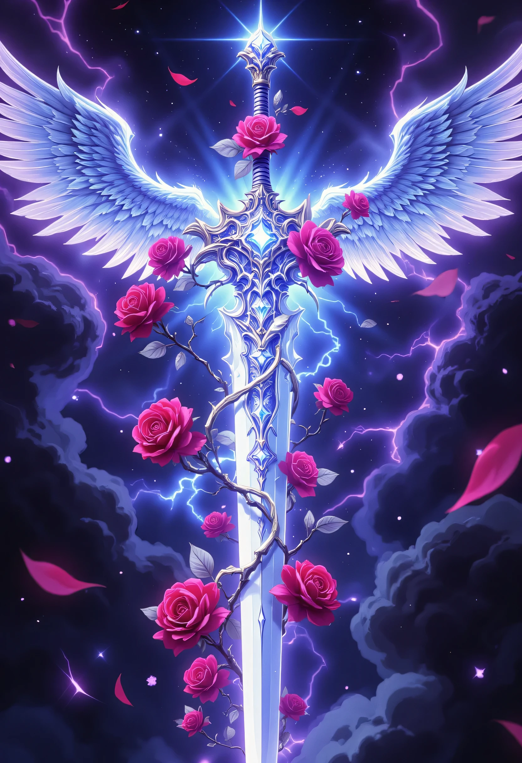 an epic sword with a angelic wings entwined on the blade, a magnificent silver shinning sword, radiant sword, with a diamonds in the hilt, there is a red rose vine entwined along the blade, high details, best quality, 16k, (ultra detailed: 1.5), masterpiece, best quality, (extremely detailed), RAW, dnd art, fantasy art, dynamic fantasy background, invert colors Celestial Fantasy, zavy-ctcmcs, hyp3rd3tail style, Celestial Fantasy, zavy-dtlnm, detailed retro anime