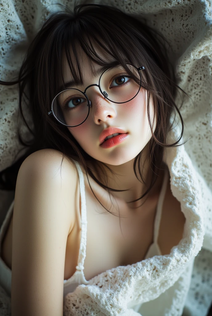 (8k, best quality, masterpiece), highly detailed, Masterpiece, realistic lighting, masterpiece, best quality, masterpiece, official artwork, highly detailed 8k unity CG wallpaper, teenage woman with cute face, long black hair and hair tied in a ponytail with a beautiful diamond ribbon, elegant and beautiful, wearing glasses, wearing white silk pajamas with red embroidery, big breasts, wearing high heels.