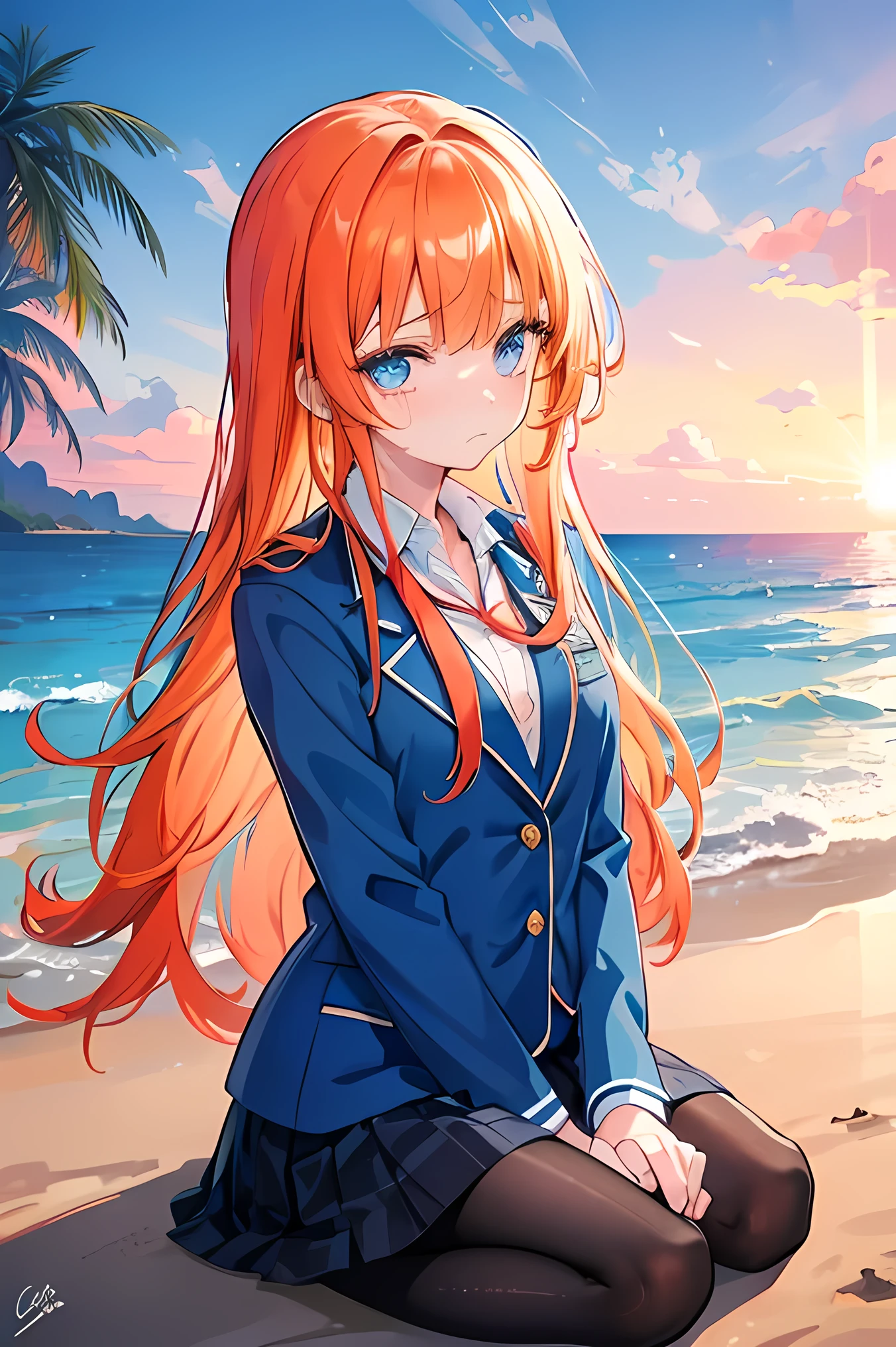 Young girl, orange long hair, blue eyes, wearing uniform light blue blazer , black skirt checkered pattern, cool girl, beach afternoon background, light blue blazer, oversize blazer, red tie, bad girl, big eyes, crying cute girl, very sad face with tears, sit on sand, afternoon, sunset
