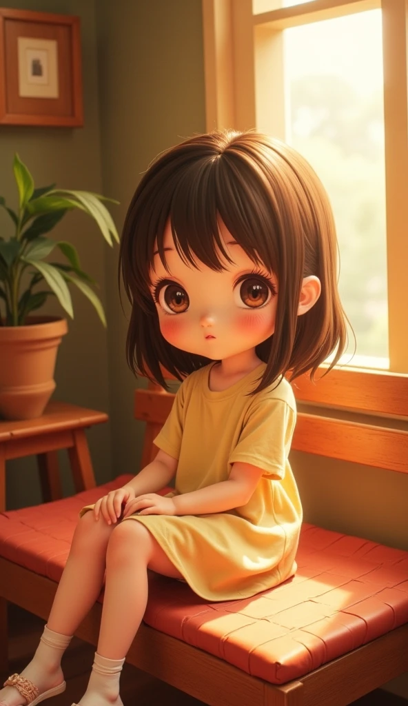 um close up de uma boneca com um vestido amarelo e cabelo castanho, Tema amarelo cabelo ondulado, kawaii retrato realista, boneca articulada da bola, arte digital bonito, menina fofa, adorable digital painting, retrato bonito, Luts, menina jovem bonito, Loli, bonito bonito, lindo bonito, jovem menina, muito bonito e infantil, personagem fofo, cara fofa jovem