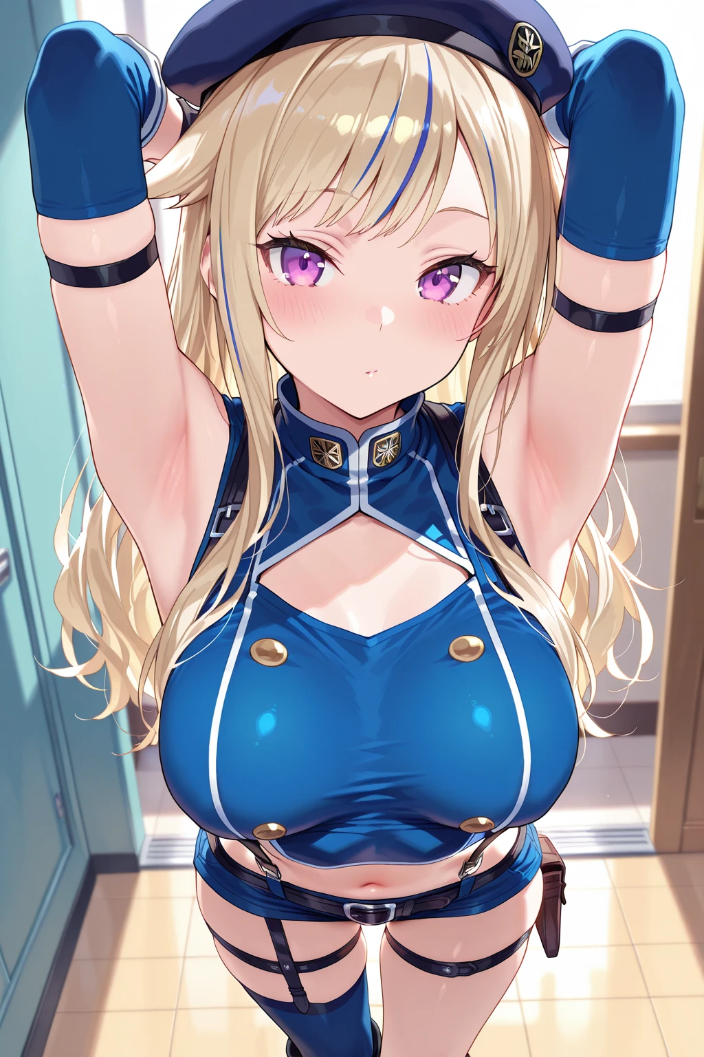 leotard, mini skirt, Are standing,light smile, cleavage,blonde hair,indoor arena,super detailed,(big breasts:1.5),looking at the viewer,Are standing,(((masterpiece))),((highest quality)),perfect anatomy,8K UHD,highly detailed face,luster and luster,((1 girl)),((alone)),beautiful and fine eyes,perfect image,(Upper body:1.1),(look ahead:1.1),turn your arms behind your back,slim waist,(shiny hair),