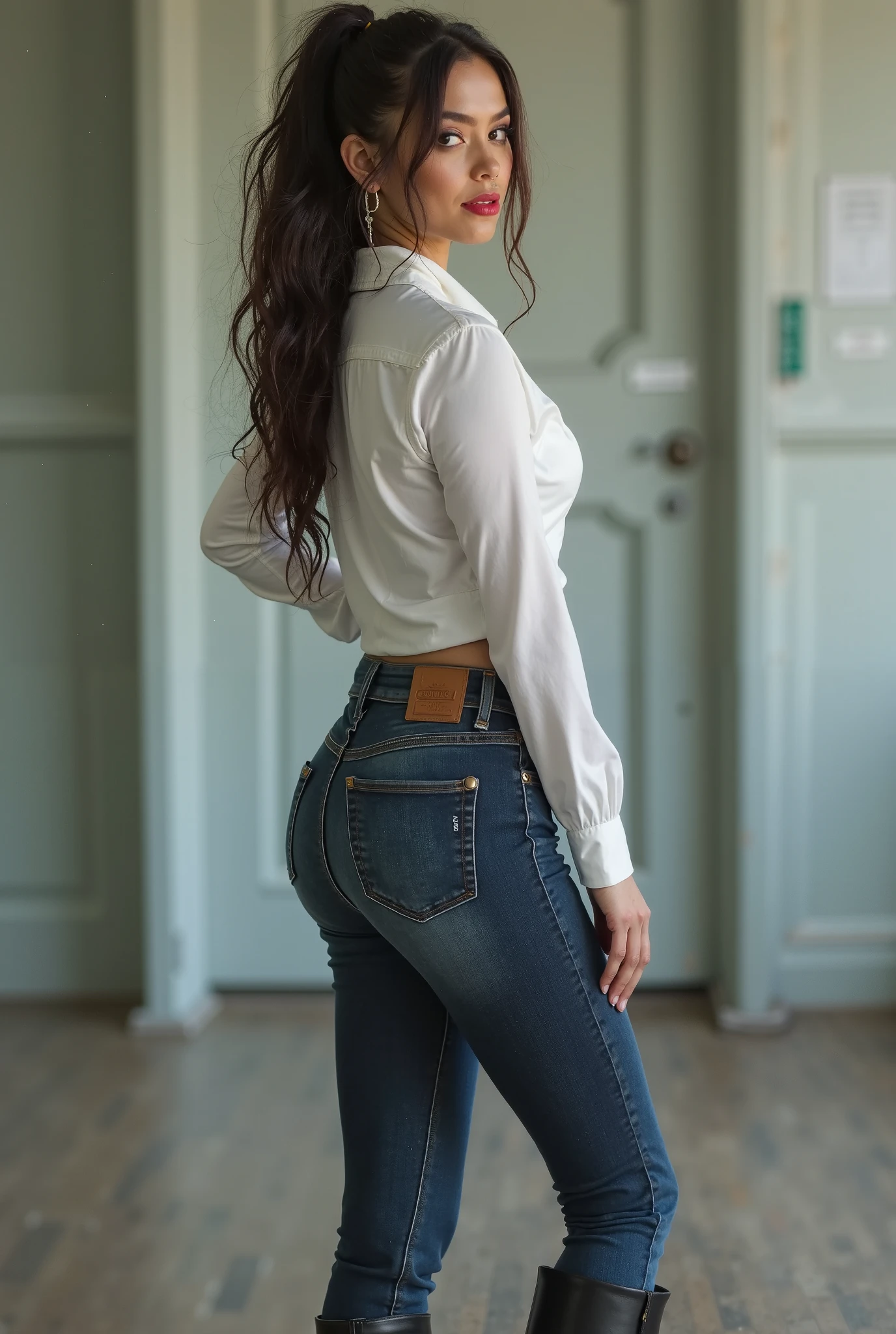 ((highest quality, table top, 8k、best image quality, very intricate and detailed details)), one Japanese woman, beautiful mature, 40 years old, standing, (full body:1.5), (perfect anatomy:1.3), from back, full body:1.5, beautiful back, T-shirt, jeans, perfect face and eyes, clump body, large breasts,  (The most moody and romantic warm lighting:1.2), very long shaggy hair, 