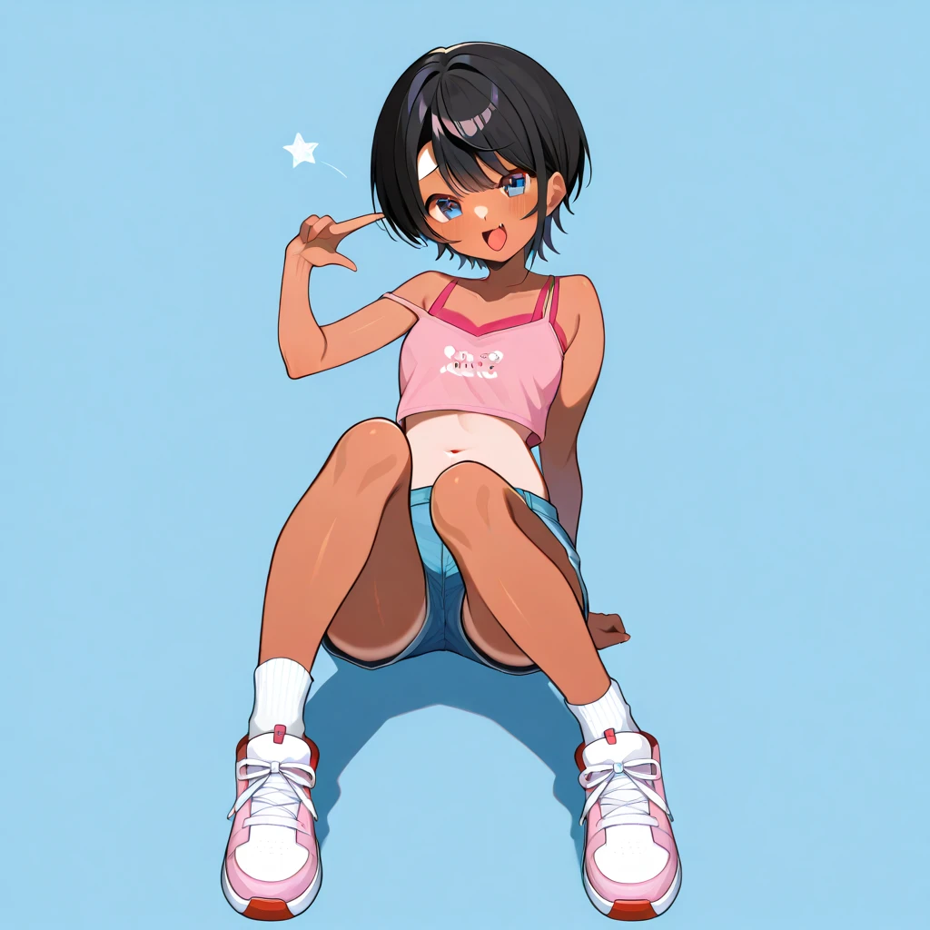 Ronnie Anne, hoodie, shorts, black eyes, ponytail, tanned skin, full body, curvy arms, defined legs, beautiful, pose, in the beach, long socks, curvilinear legs. one leg raised the other on the floor, stretching out a leg