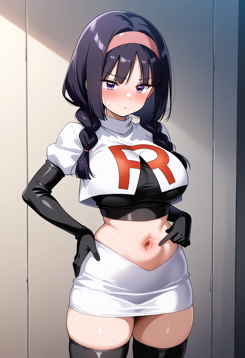 ((ultra high definition)),jessie pokemon, solo, team rocket, gloves, ((hair slicked back)), long hair, jewelry, skirt, navel, thighhighs, earrings, elbow gloves, team rocket uniform, crop top, blue eyes, midriff, white background, belt, black gloves, very long hair, bedroom ,bed,tight black thighhighs, purple hair, looking at viewer,big breasts, huge tits,white skirt, miniskirt,tight skirt, (shirt lift:1.4),sitting,smiling, ((perfect face)), perfect tits, perfect body,((show tits:1.5)),(show nipples:1.5))