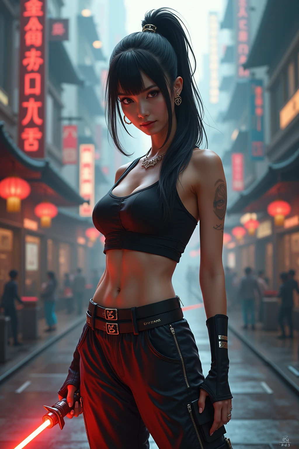 Full body portrait, photograph realistic, of a beautiful Chinese woman (33 years old), an erotic film actress, In a crowded commercial streets, The whole body is soaked with sweat, Slender body, Height 1.6m, has a perfect female figure, with a chest circumference of 34C, Naked of breast, Slim waistline, Slim legs, a hip circumference of 28, Wheat complexion, full forehead, Slender eyebrows, Wear red and black erotic tight and ultra short cheongsam, Suspender stockings, Platform stiletto heels, Seductive pose, A seductive expression, colored inner hair, light brown hair, bangs, messy hair, wavy hair, hair slicked back, medium hair, jewelry, bespectacled, long eyelashes, earrings, makeup, nervous, red lips, naughty face, high detail, cinematic lighting, three sided view, masterpiece, accurate, textured skin, super detail, best quality, 8k