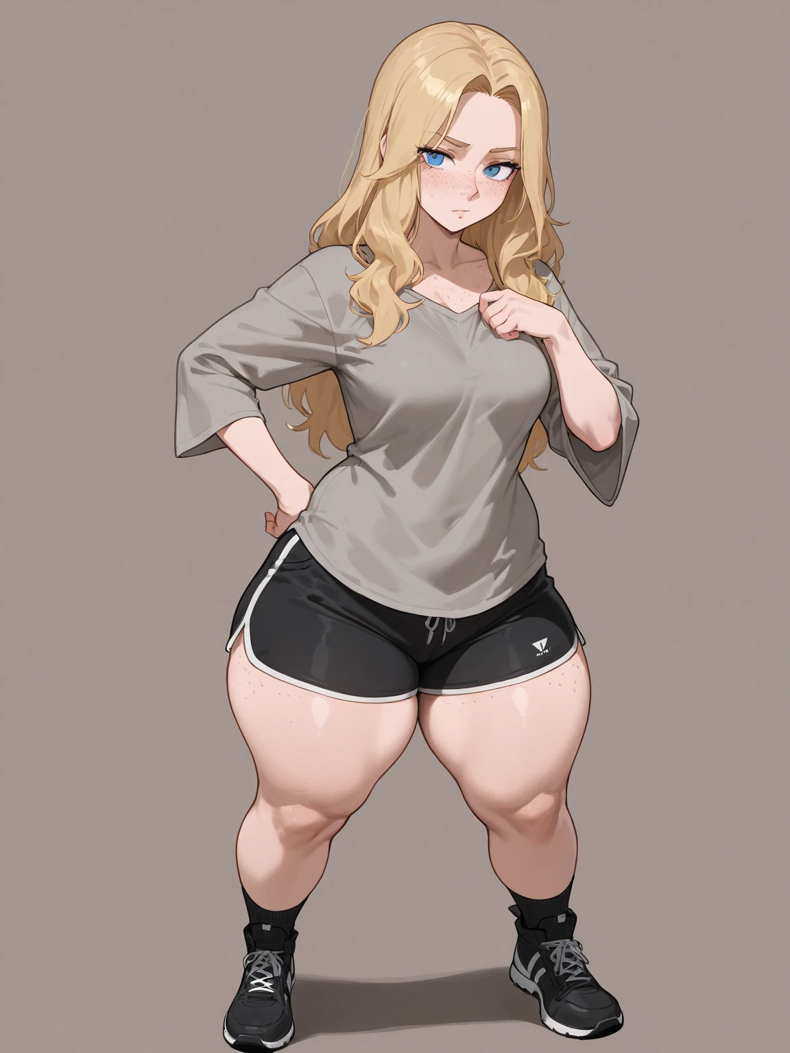 pale adult woman, large breasts, very thick thighs, large soft thighs, wide hips, long blonde hair with bangs, tight white t-shirt, black lounge shorts, thick thighs pressed together, long fingernails, small delicate hands, small feet,white nail polish, tired eyes, bored expression, facing forward, standing, legs and feet in the photo, body facing forward, full body showing, standing