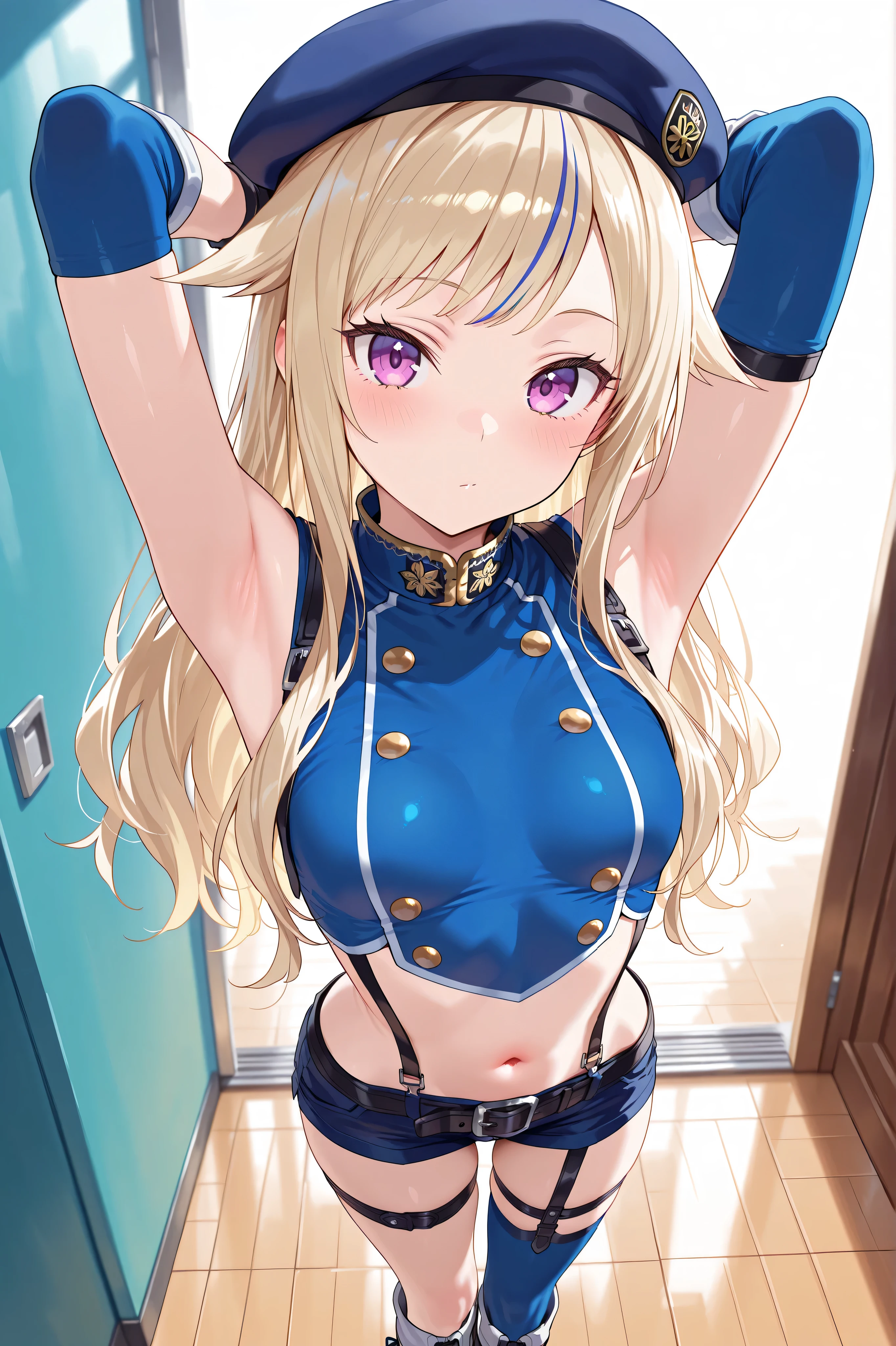 solo,masterpiece,best quality, amazing quality, highres, absurdres, very aesthetic, high resolution, ultra detailed, perfect details,suzuki hina, blonde hair, long hair, streaked hair, hair flaps, purple eyes, skinny, small breasts, hat, beret, blue thighhighs, blue crop top, fingerless gloves, midriff, single thighhigh, sleeveless, suspender shorts, thigh straps, belt, boots、looking at viewer,(masterpiece, detailed:1.2)、arms behind head