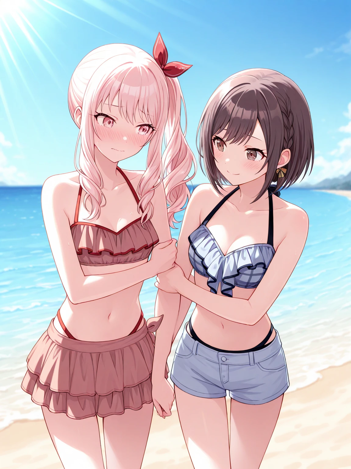(highest quality、High resolution、detailed background、8K)、masterpiece、beautiful and smooth skin、skin texture、professional lighting、3 beautiful women in their 30s、
brown hair、Braided bob cut、braided ponytail、(huge breasts:1.3)、realistic images、realistic、perfect body line、attractive thighs、plump nipples、attractive ass、sunny day、sandy beach、Show the whole body、
(sandy beachで海水浴を楽しんでいる3 beautiful women in their 30s:1.5)、
playfully splashing water on each other、happy look、smile、open your mouth and laugh、sexual expression、wet swimsuit、the whole body is wet、my hair is wet too、cute、
The rash guard is designed like a long-sleeved jacket and has UV protection.、
Some have cute patterns or character prints.、
The set also includes bottoms, making it a stylish and practical option.、
A one-piece swimsuit with a skirt gives off a feminine and cute look.、
Materials with UV protection functions and colorful designs such as floral and fruit patterns are popular.、
Some skirts are decorated with frills or lace.、
The overall style swimsuit has a cute design and provides full coverage.、
Some come with straps or ribbons, or have animal prints or character designs.、
There are many cute designs of bikini style swimsuits.、
The combination of tops with frills or character prints and bottoms with colorful patterns is popular.、
Mermaid style swimsuits are also suitable for swimming in the sea.、
The top has a shell-shaped or scale pattern design, and the bottom has a mermaid-like shape.、
A tankini is a style of swimwear that combines a bikini top and shorts.、
It can hide your stomach, so you can wear it with confidence even if you are not confident in your girl&#39;s body shape.、
Sports swimsuits come in designs for competitive swimming and designs printed with characters from trendy sports brands.、It is also recommended to use sunscreen cream.、cute