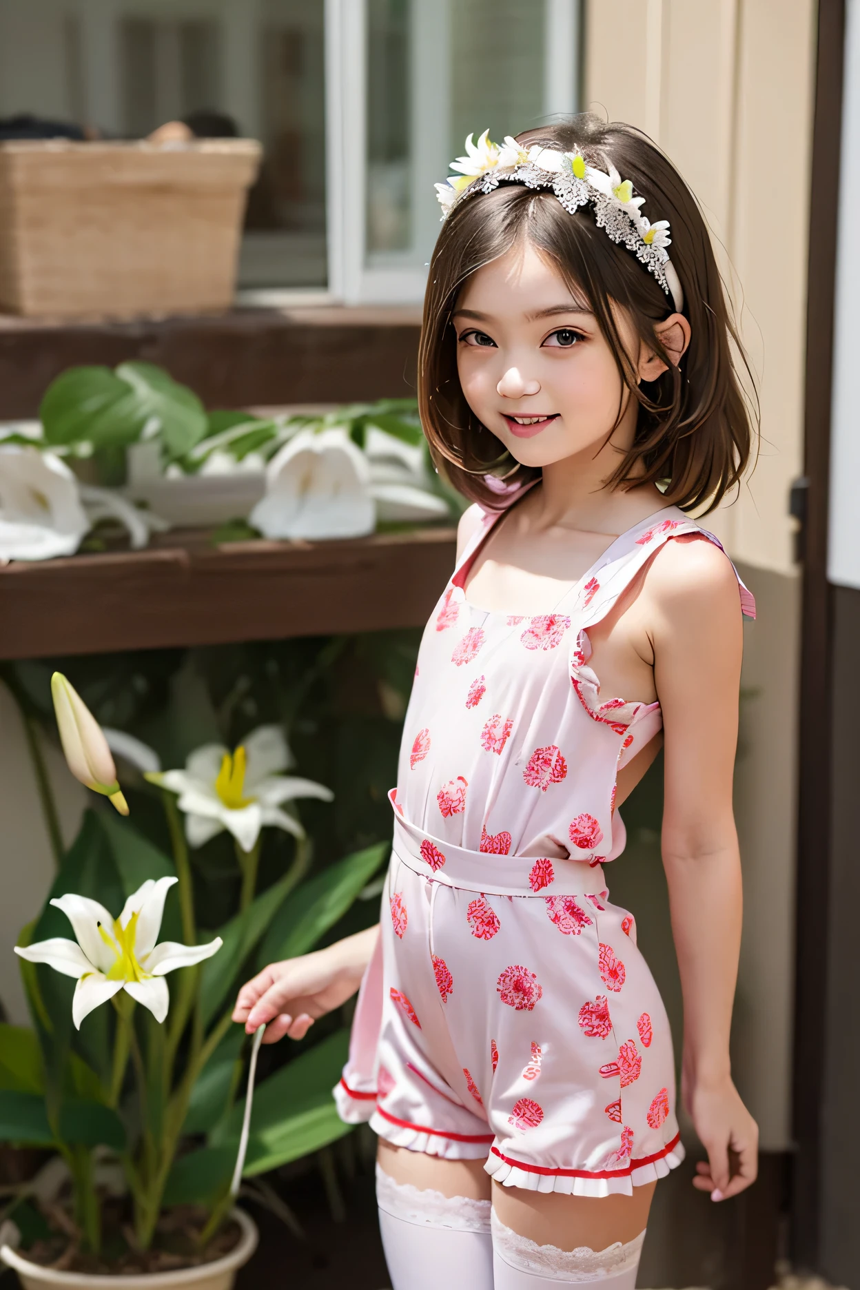 Surrealism, retina, masterpiece, accurate, anatomically correct, super detail, best quality, 8k, extremely precise in every detail, beautiful detailed glow, beautiful attention to detail, beautiful detailed eyes, A young girl stands in a nursery, (wears a frilled quarter-length short-sleeved red baby-rompers with lots of lily patterns:1.2), (the rompers are bulging at the hips:1.1), (the rompers are quarter-length:1.2), shoot from side, smiling, short blonde hair, shiny blue eyes, (flat chest like a boy:1.2), slender body, slim body, wears a frilly headdress on her head, (wears glossy white tights inside the rompers), at nursery school