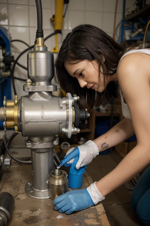 A beautiful woman in lingerie repairs a sewage pump in the sewage treatment plant of a cruise ship, high detail, dark atmosphere, hyper-realistic photography, cinematic quality, high detail