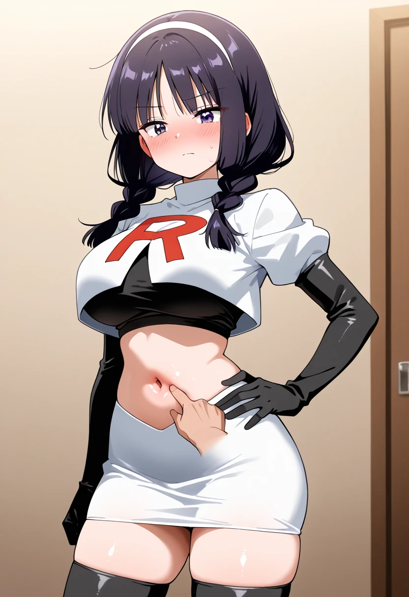 masterpiece, best quality, 1girl, dawn \(pokemon\), team rocket uniform, white jacket, cropped jacket, underboobs, white skirt, white headwear, panties aside, beanie, black gloves, elbow gloves, bare legs, confused, squatting, hands on knees, indoors, dutch angle, no bra, viewed from below, cameltoe BREAK 1man, penis, interracial, sex from behind, squatting cowgirl.