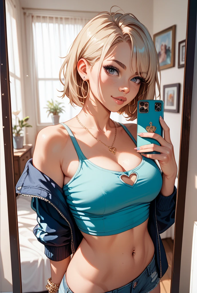 Selfie, thong, jeans, selfie, flat toned stomach, cropped top, pink cardigan  hair up, blonde hair, green eyes, juicy lips, potted plants in the back