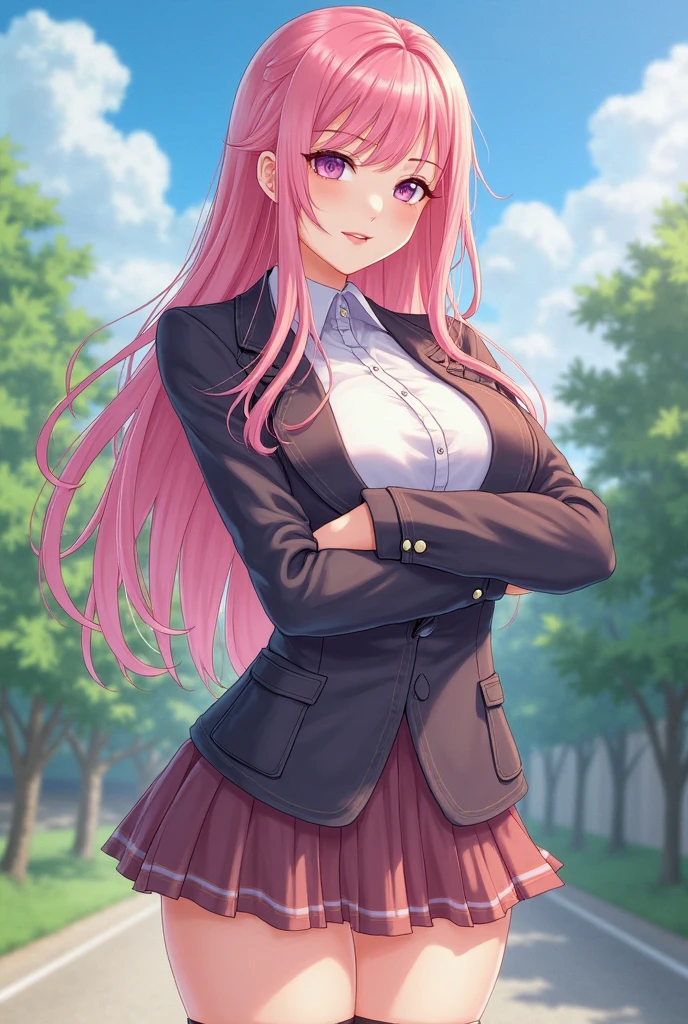 （（super high quality,Ultra-high resolution,16K,super masterpiece,Ultra HD,Ultra high definition,））One high school girl,White bunny ears,Very long straight purple hair,Slender body,Black blazer,All buttons are unbuttoned,White dress shirt,Long red tie,Pink mini skirt,White socks,blush,Looks at me so shyly,（（Leaning forward greatly,Hands tucked between the crotches,））Sweaty,Bamboo forest in the morning sun,A strong wind is blowing:1.5,The wind messes up my hair and skirt:1.8,Angle looking up from below,