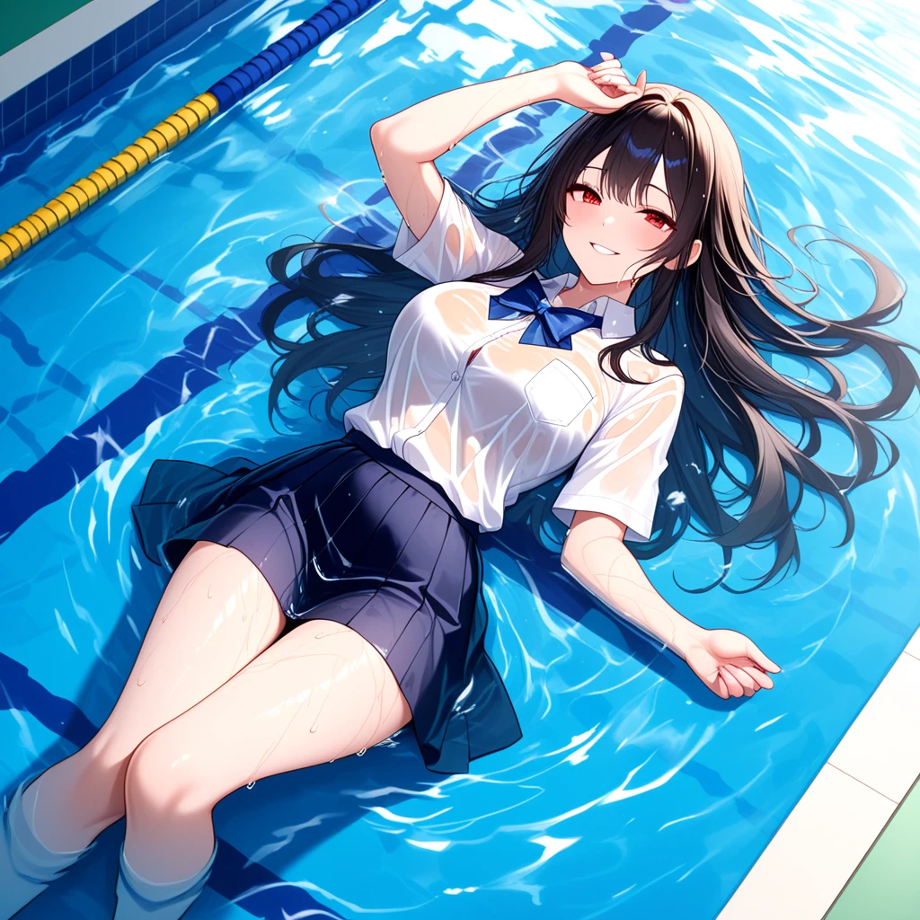 A highschool girl wirh long hair wear wet uniform beside of swimming pool