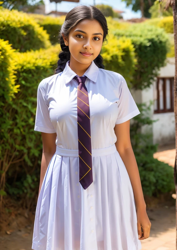 Raw photo, Full body portrait, 1 beautiful Sri Lankan teenage girl, in a school garden, morning sunlight shining on her, Smiling and in a very happy mood, attractive feminine form, Standing posture with a professional model pose, Wearing knee-length white frock and a ((orange color tie)), white school shoes, with plait, professional photographer, (hdr:1.4), masterpiece, ultra-realistic 8k, perfect artwork, intricate details, cute face, award winning photograph, (Best quality, 8k, 32k, Masterpiece, UHD:1.3) ,