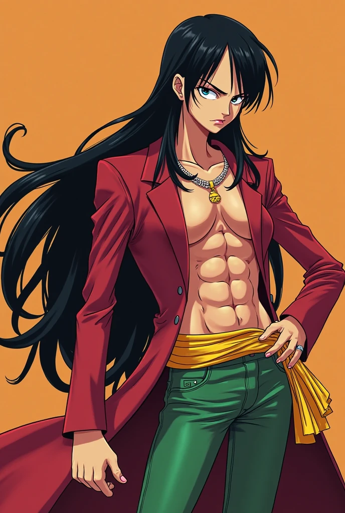 score_9, score_8_up, score_7_up, source_anime, solo, one piece,  nico robin, pre time skip one piece, smug sinister expression, 
Sinister, evil, looking at viewer, arms behind back, black hair, hair over one eye, blue eyes, Chines edress,  red gown,, sexy, flat chest, femboy, male, 1boy, genderbend, bulge, penis visible outline, penis bulge outline, open shirt, exposed thighs 