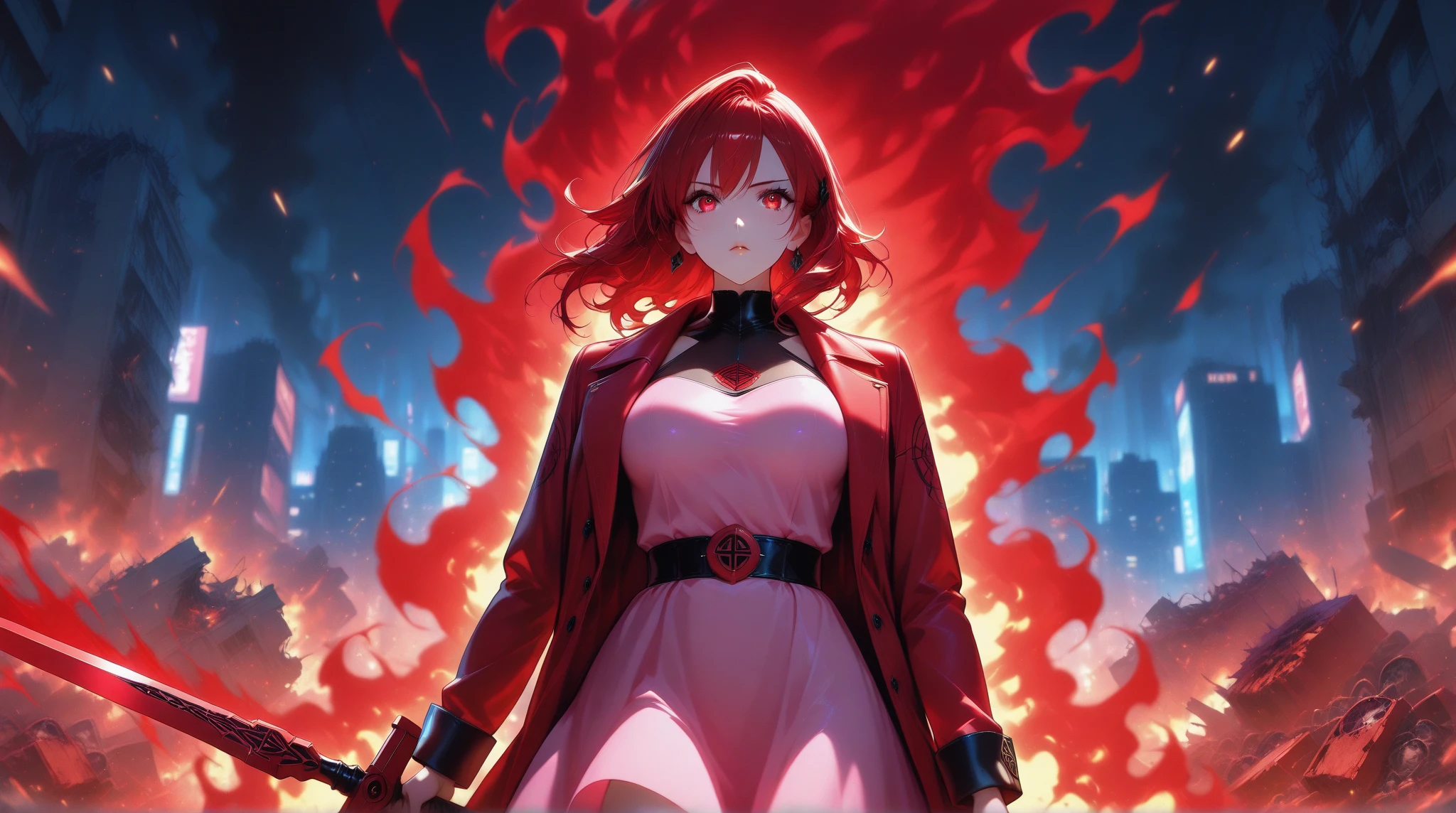 Thea 2: Wanostyle Art, Woman With A Spear, Red Hair, Masterpiece, Best Quality, Hyper-detailed, Glowing, Slender Skin, Small Breasts, Sensual, Shoulders Showing, Dynamic Lighting, High Resolution, Sharp Focus, Depth of Field