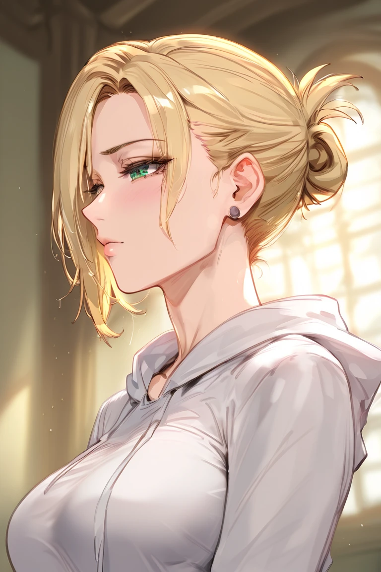 (bestquality,masterpiece), AnnieAOT, solo, hooded, white hoodie, pants, medium breasts, looking at viewer, parted lips,