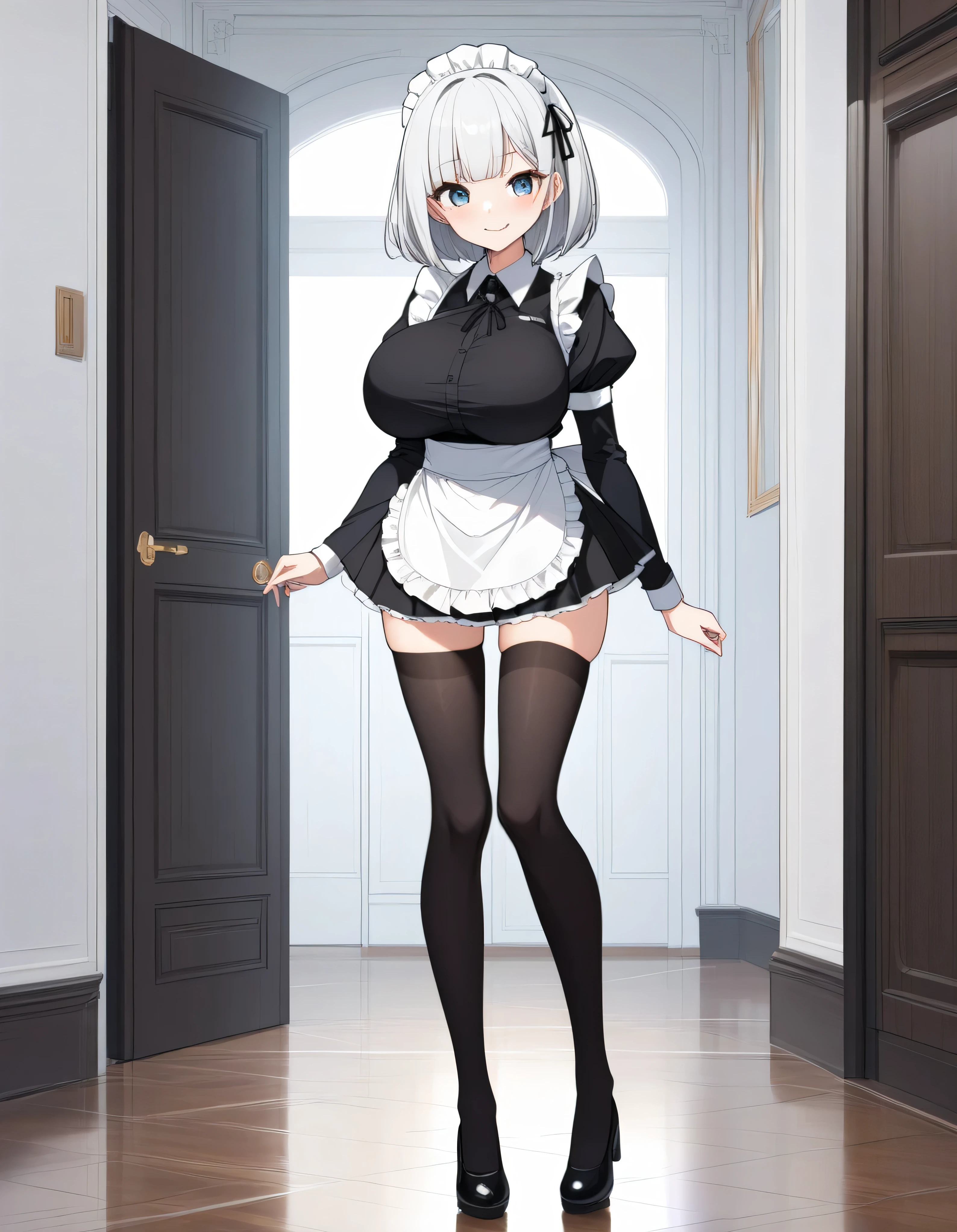 ((((masterpiece, best quality, high resolution)))), 1girl, white hair, purple eyes, short wavy hair, average breasts, blush, light smile, parted lips, glow, thighs, bare shoulders, collarbone, narrow waist, cleavage, (beautiful detailed face, beautiful detailed eyes), long slender thighs, perfect eyes, (bikini, maid apron, maid headband), (sunbeam, sunlight, rose, wind, cafe)