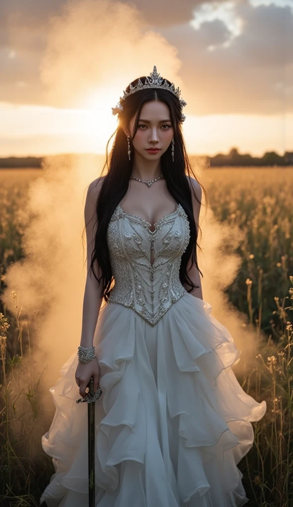 A beautiful girl in a wedding dress walking in the forest,Head up,Neat one-word bangs,Ji Shi Fa,French braids, move chart, Atmospheric perspective, Cinematic lighting, tmasterpiece, Textured skin,Fine hair like silk,Every hair is clear,Red band,photo level,wide angles,entire body image,little breast,Smaller bust,flatchest,Seductive eyes,Glamorous temperament)Surrounded by red dragons,Wear gorgeous high heels,Red and white glitter royal dress,background of the castle of Europe,God Rays shines on the body