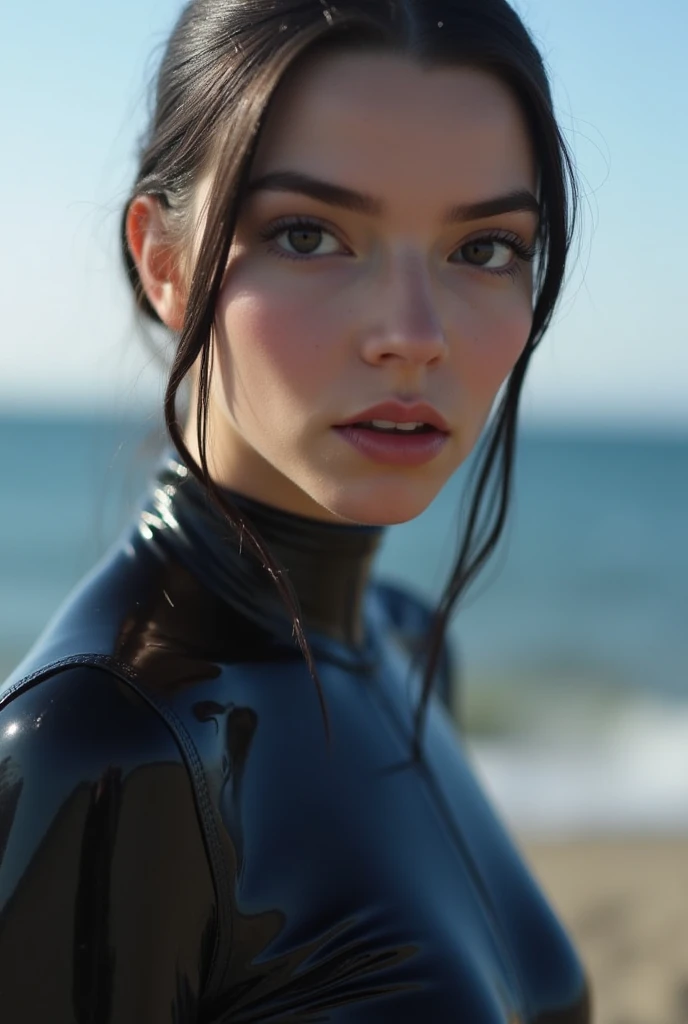 (best quality,highres,masterpiece:1.2),ultra-detailed,realistic:1.37,gorgeous milf, sitting on the beach, with perfect body, wearing diving equipment, straight hair, short dark hair, small sized breasts, full body blue wetsuit, brown eyes, slightly curvy body, elegant pose,vibrant colors,stunning lighting, shot from a side.