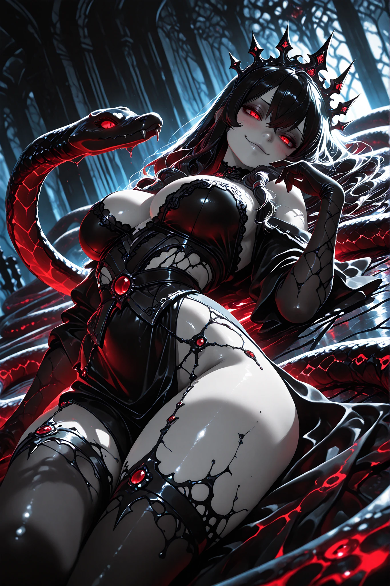 Pale blush skin, Dark queen witch, milf, pale skin, black hair, Voluminous bangs, Glowing red eyes, Evil smile, villainess, seducing, temptress ,  (Sexy body), ((Sexy black lingerie with iron embellishments), (Detailed Cursed Iron Crown), ((lying on a iron bed)), nsfw, Closed mouth, delicate lips, (intricate clothes), black gloves, intricate details, one gigant snake  BREAK masterpiece, best quality, amazing quality, very aesthetic, absurdres, ultra-detailed, newest, cinematic, (dark shadows), (dramatic lighting), realistic lighting, beautiful detailed glow, scenery, depth of field, photorealistic background, dutch angle, black theme, blue theme