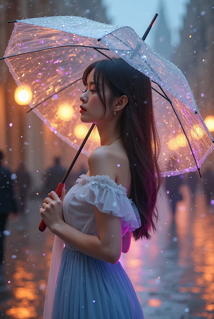 Three girls standing in the park at night,Clear sky in the background. Park benches and soft lighting, Rear photo, (Side photography), looking back at the viewer, (Masterpiece), ((Ultra-detailed)), (Highly detailed), (Expressionless), (Best quality: 1.2), 8K, hdr, A high resolution, absurderes: 1.2, Object perspective, Blurred background, Bokeh: 1.1, Lens flare, (vivd colour: 1.2), High quality texture, Detailed texture, High-quality lighting and shadows, a face with perfect proportion, full bodyesbian, Mature and excited body, Detailed skin texture, vibrant, pale and radiant skin, natural saggy breasts, gigantic bosom: 1.5, High waist, Narrow waist: 1.3, Wide hips, Full buttocks, Detailed beautiful face, (PureErosFace_V1:1.3)(Ulzzang-6500:0.4) Detailed beautiful eyes, Symmetrical eyes, Perfect eyes, Seductive eyes, Beautiful nose, High nose, Clear blush, Detailed lips, Earrings, hoop earings, necklace, jewelry, Sapphire heart necklace, Silver-toned high-heeled sandals, Seductive expression, Smile, Perfect hands, Delicate and beautiful fingers, Detailed beautiful legs, photo-realistic hair, detailed hairs, (Silver dress, Red dress, Blue dress), Chisato Nishiki, Long hair, Blonde hair, (Red eyes: 1.5), Hair ribbon, Bob cut, Red hair ribbon,),gigantic cleavage breasts,Japan goddess,Holding a pink bag
