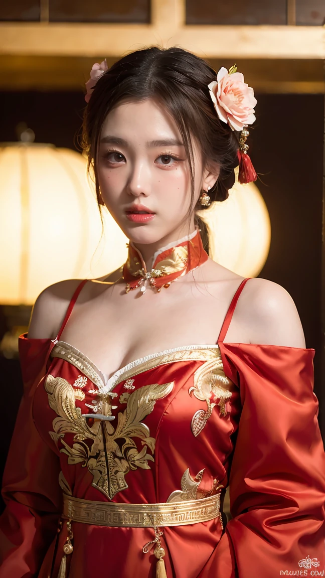 1 woman,bush,girl - girl,chinese dress,chinese clothes,chinese hairpin,(masterpiece:1.4),(best quality:1.4),(oily and shiny skin),red lips,Looking at the audience,big bust,cleft lip and palate,upper body,