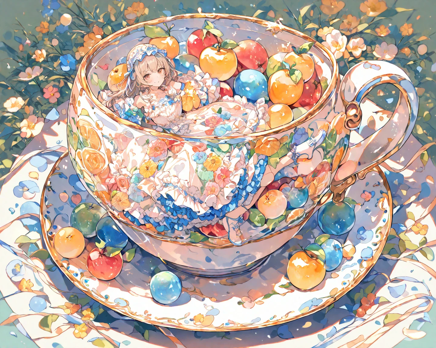 A sits in a glass, happily tasting grapes, cool liquid, sunlight, shade, colorful, purple